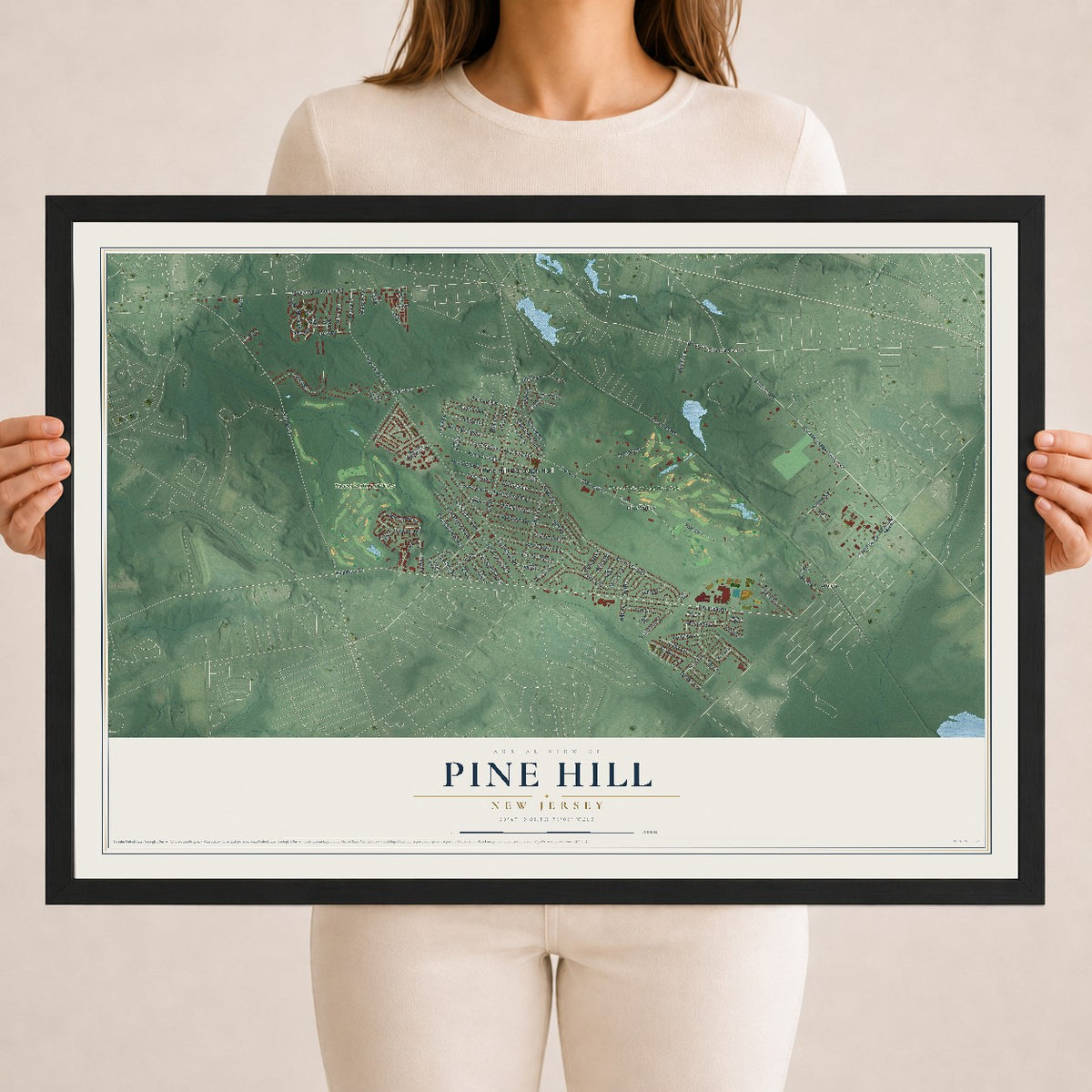 Pine Hill, New Jersey map print, 18" x 24" W/ Black Ayous Wood Frame mockup