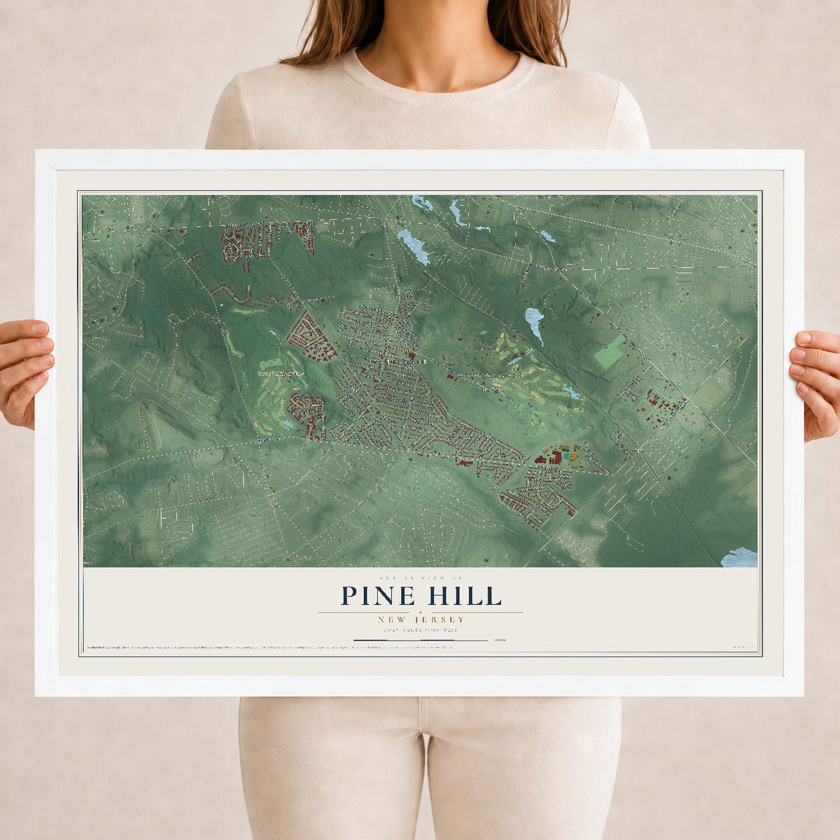 Pine Hill, New Jersey map print, 18" x 24" W/ White Ayous Wood Frame mockup