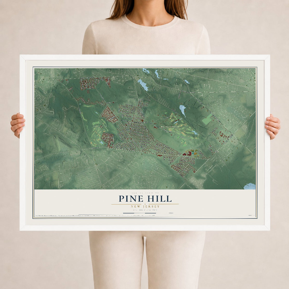Pine Hill, New Jersey map print, 24" x 36" W/ White Ayous Wood Frame mockup