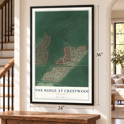 Pine Ridge at Crestwood, New Jersey map, 24 x 36 inch print in a black frame by a staircase