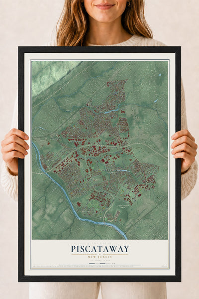 Piscataway, New Jersey map print, 18" x 24" W/ Black Ayous Wood Frame mockup