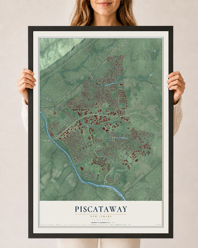 Piscataway, New Jersey map print, 24" x 36" W/ Black Ayous Wood Frame mockup