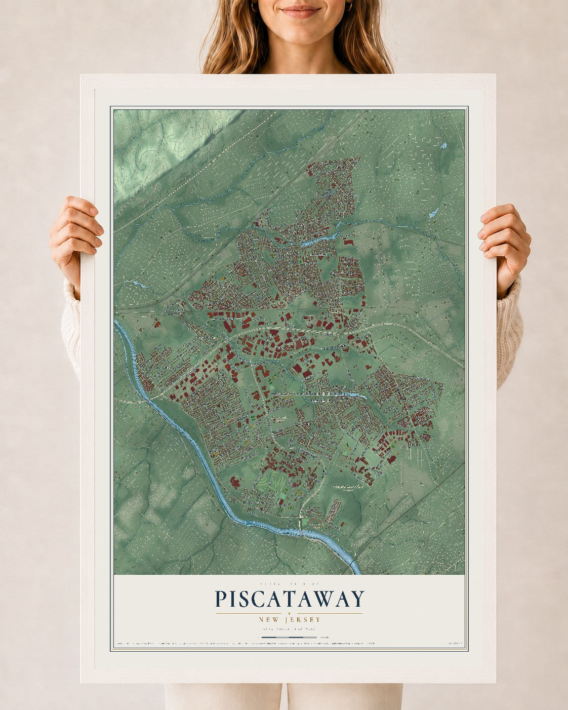Piscataway, New Jersey map print, 24" x 36" W/ White Ayous Wood Frame mockup