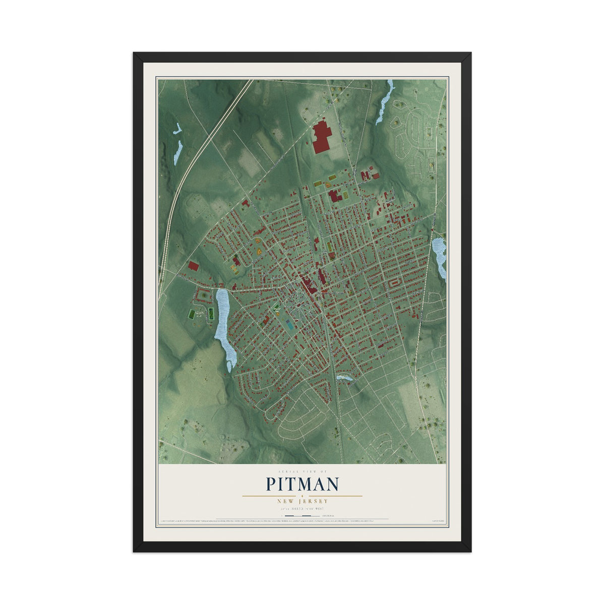 Pitman, New Jersey map print, 12" x 18" W/ Black Ayous Wood Frame mockup