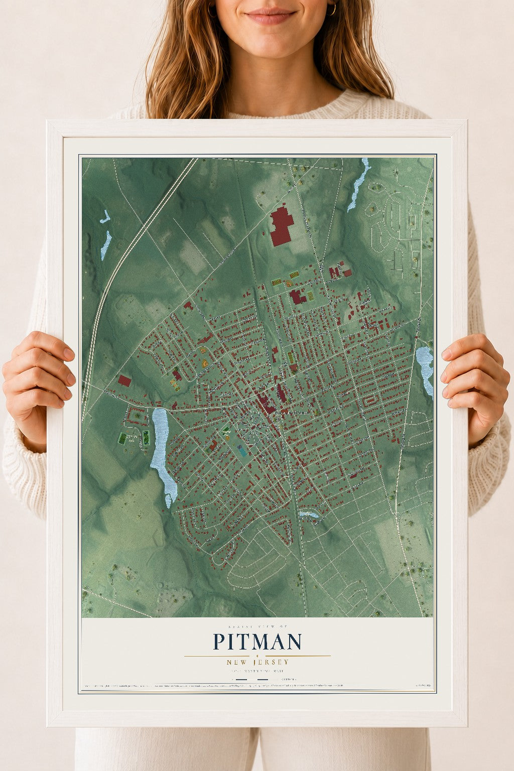 Pitman, New Jersey map print, 18" x 24" W/ White Ayous Wood Frame mockup
