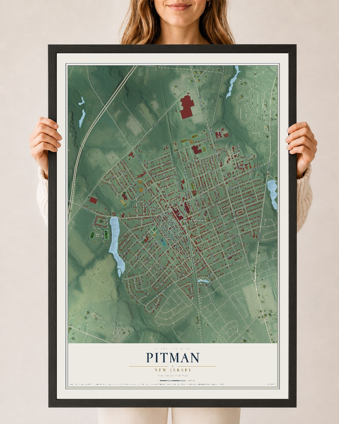 Pitman, New Jersey map print, 24" x 36" W/ Black Ayous Wood Frame mockup