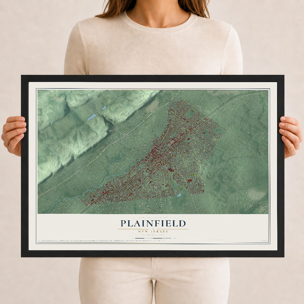Plainfield, New Jersey map print, 12" x 18" W/ Black Ayous Wood Frame mockup