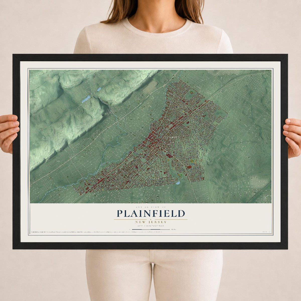 Plainfield, New Jersey map print, 18" x 24" W/ Black Ayous Wood Frame mockup