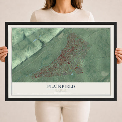 Plainfield, New Jersey map print, 18" x 24" W/ Black Ayous Wood Frame mockup