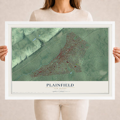 Plainfield, New Jersey map print, 18" x 24" W/ White Ayous Wood Frame mockup