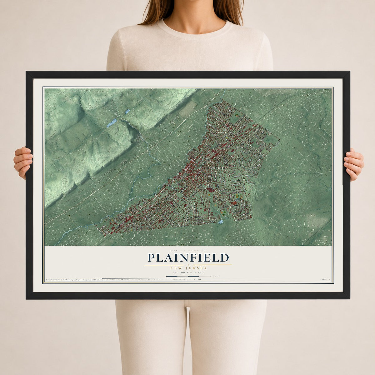 Plainfield, New Jersey map print, 24" x 36" W/ Black Ayous Wood Frame mockup