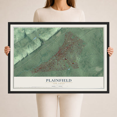 Plainfield, New Jersey map print, 24" x 36" W/ Black Ayous Wood Frame mockup