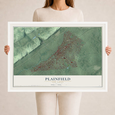 Plainfield, New Jersey map print, 24" x 36" W/ White Ayous Wood Frame mockup