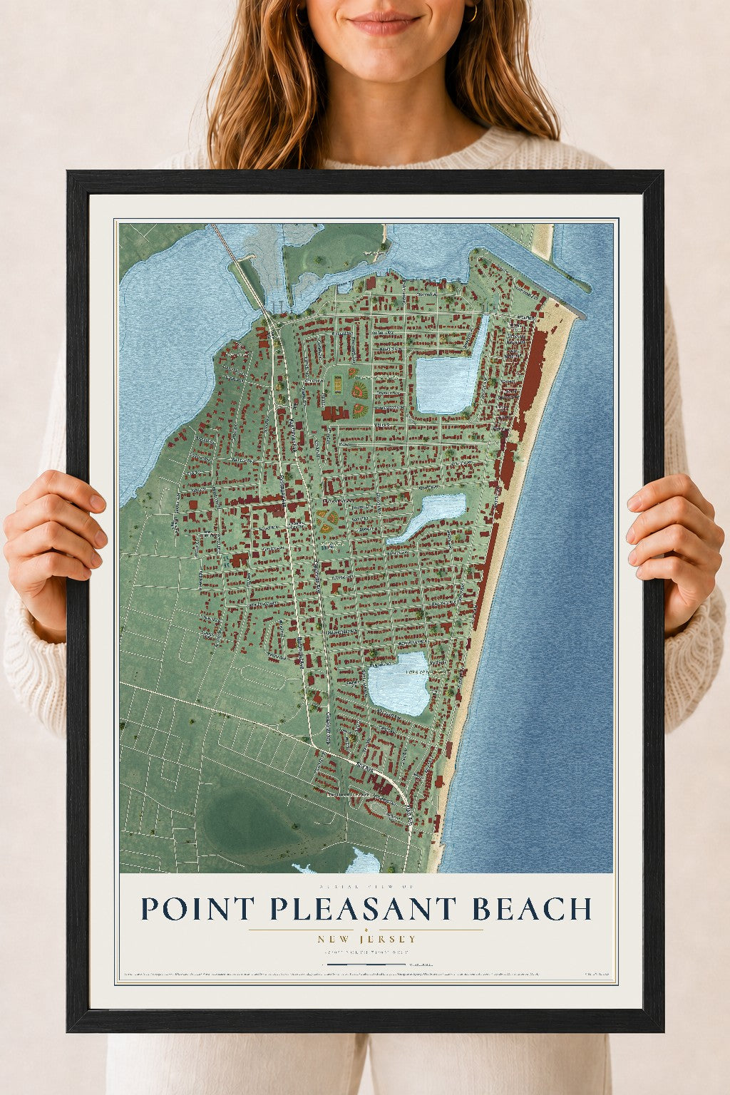 Point Pleasant Beach, New Jersey map print, 18" x 24" W/ Black Ayous Wood Frame mockup