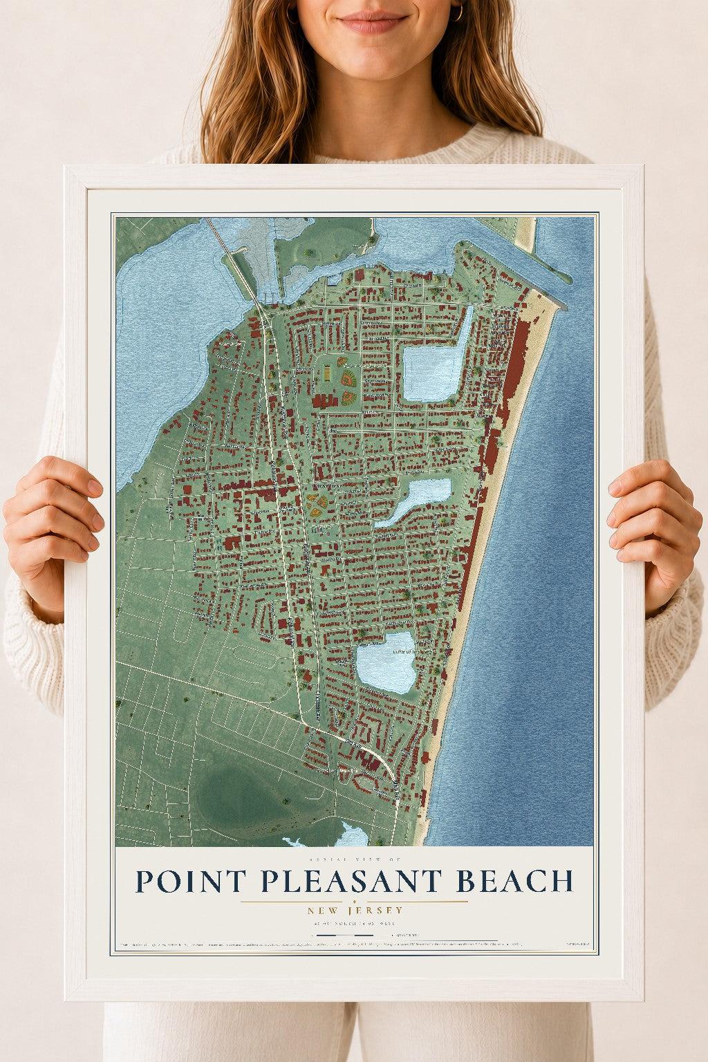 Point Pleasant Beach, New Jersey map print, 18" x 24" W/ White Ayous Wood Frame mockup