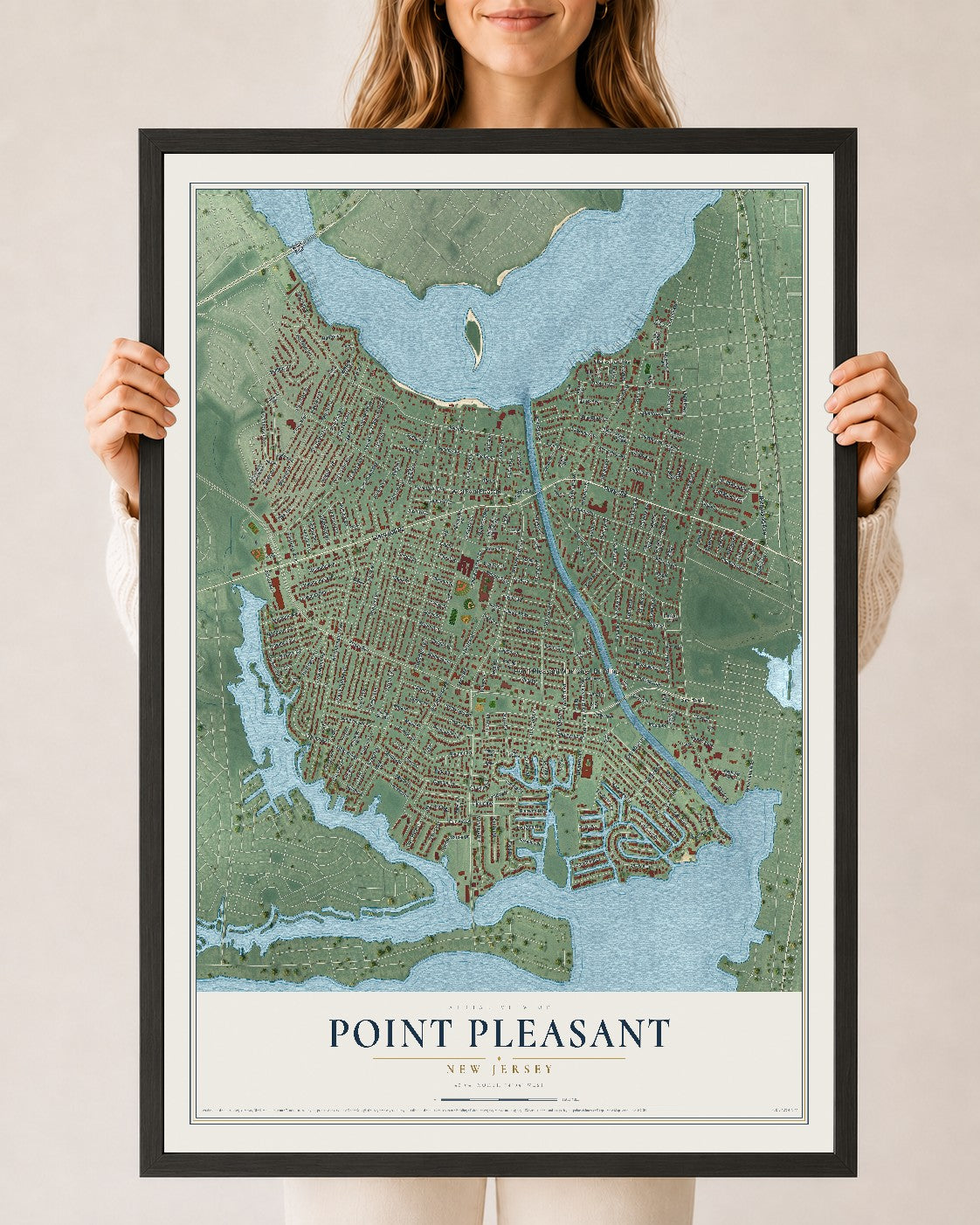 Point Pleasant, New Jersey map print, 24" x 36" W/ Black Ayous Wood Frame mockup