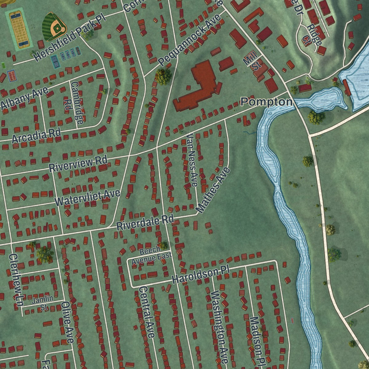 Close-up 2 of the Pompton Lakes, New Jersey map artwork