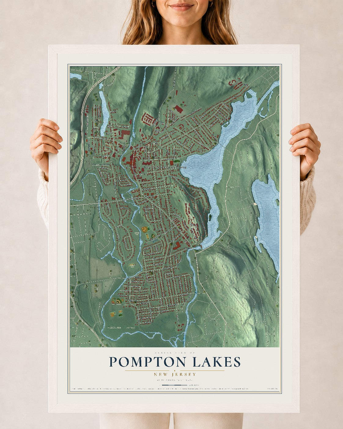 Pompton Lakes, New Jersey map print, 24" x 36" W/ White Ayous Wood Frame mockup