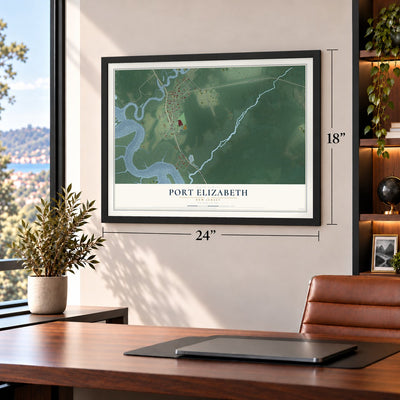 Port Elizabeth, New Jersey map, 18 x 24 inch print in a black frame in a home office