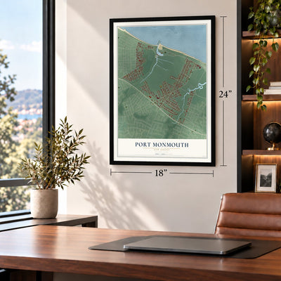 Port Monmouth, New Jersey map, 18 x 24 inch print in a black frame in a home office