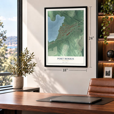 Port Morris, New Jersey map, 18 x 24 inch print in a black frame in a home office