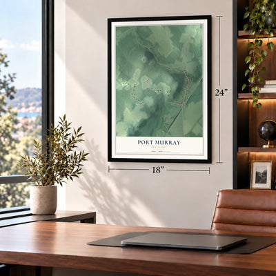 Port Murray, New Jersey map, 18 x 24 inch print in a black frame in a home office