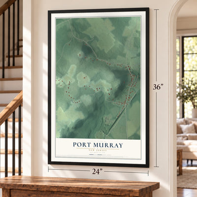 Port Murray, New Jersey map, 24 x 36 inch print in a black frame by a staircase
