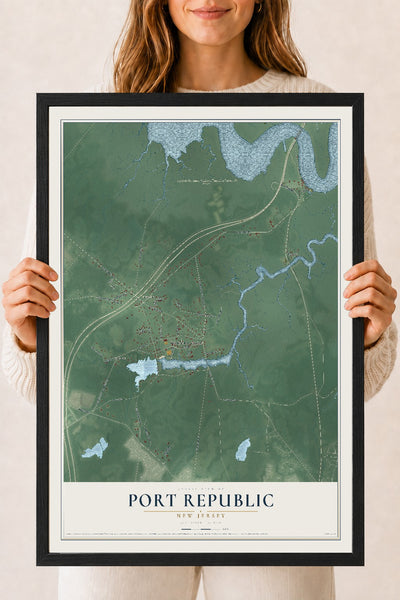 Port Republic, New Jersey map print, 18" x 24" W/ Black Ayous Wood Frame mockup