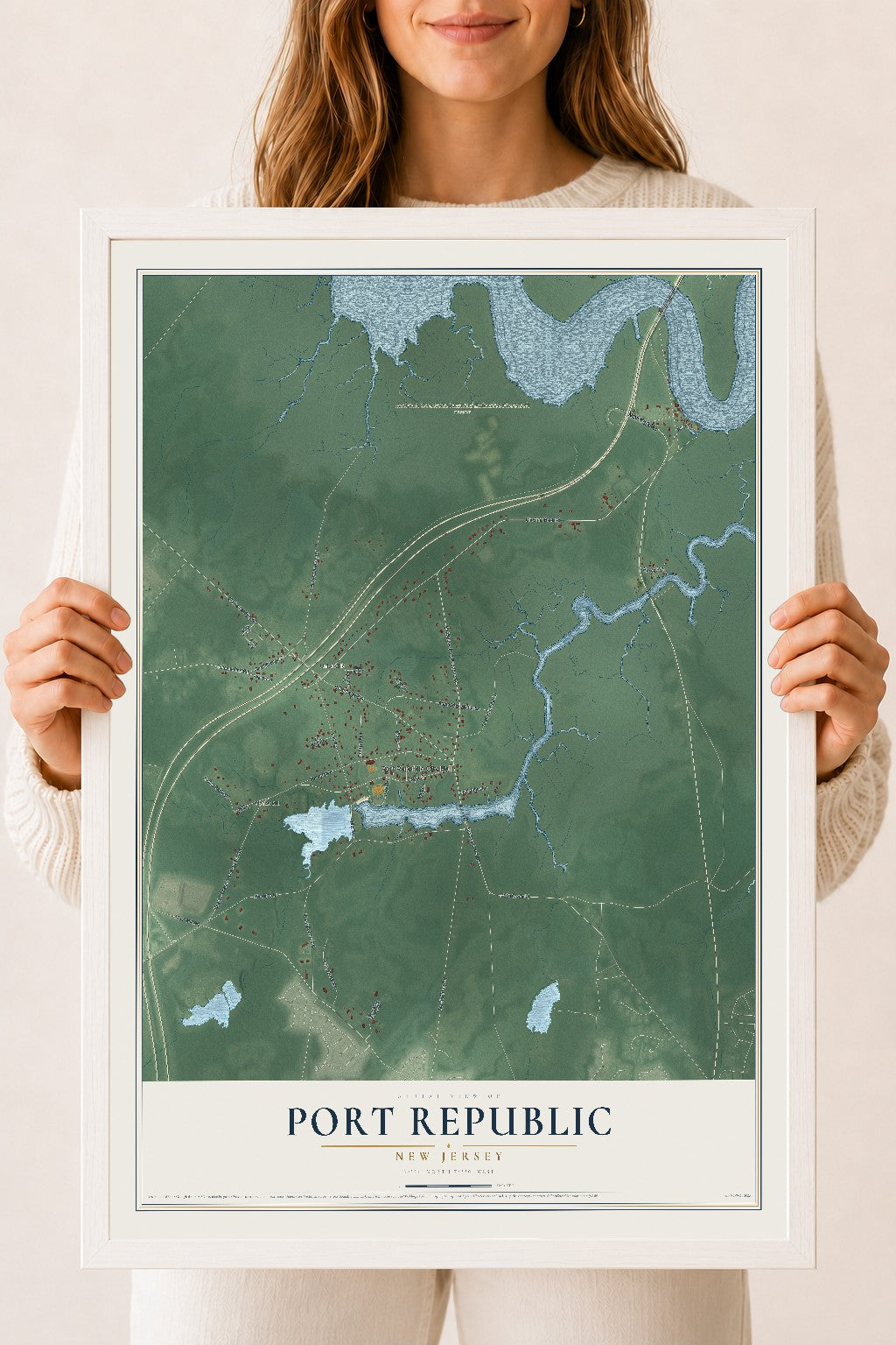 Port Republic, New Jersey map print, 18" x 24" W/ White Ayous Wood Frame mockup