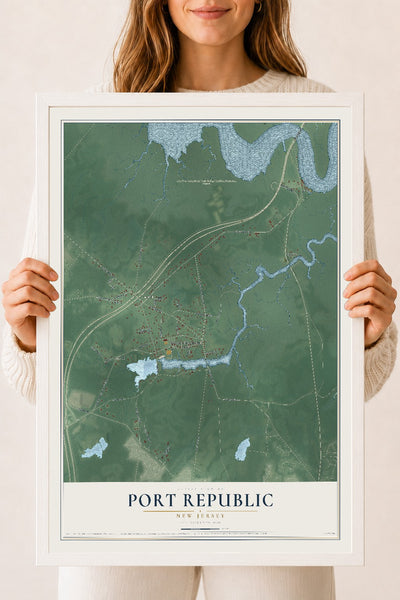 Port Republic, New Jersey map print, 18" x 24" W/ White Ayous Wood Frame mockup
