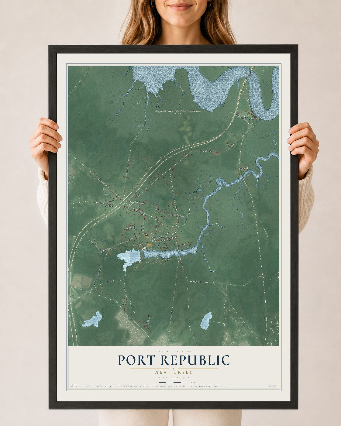 Port Republic, New Jersey map print, 24" x 36" W/ Black Ayous Wood Frame mockup