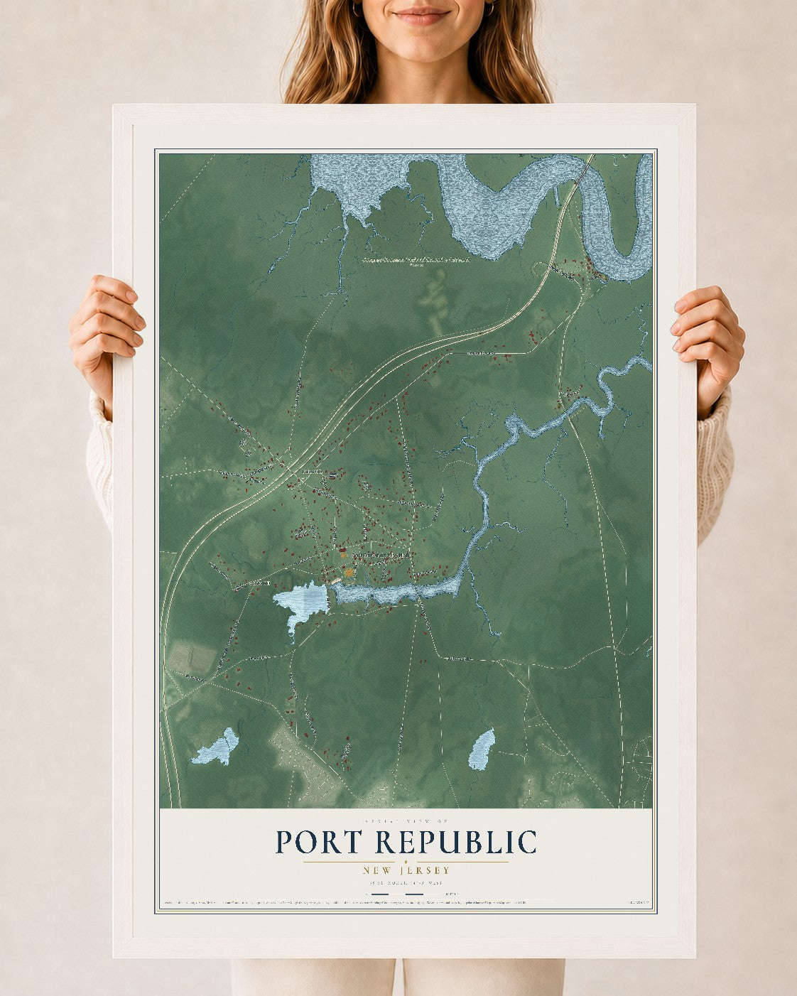 Port Republic, New Jersey map print, 24" x 36" W/ White Ayous Wood Frame mockup