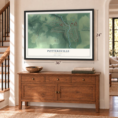 Pottersville, New Jersey map, 24 x 36 inch print in a black frame above a dresser by a staircase