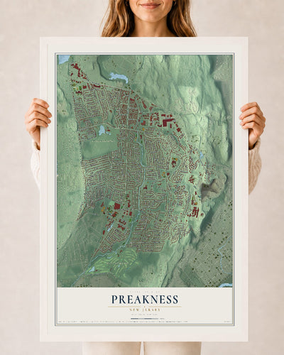 Preakness, New Jersey map print, 24" x 36" W/ White Ayous Wood Frame mockup