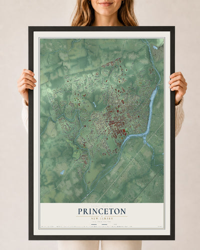 Princeton, New Jersey map print, 24" x 36" W/ Black Ayous Wood Frame mockup