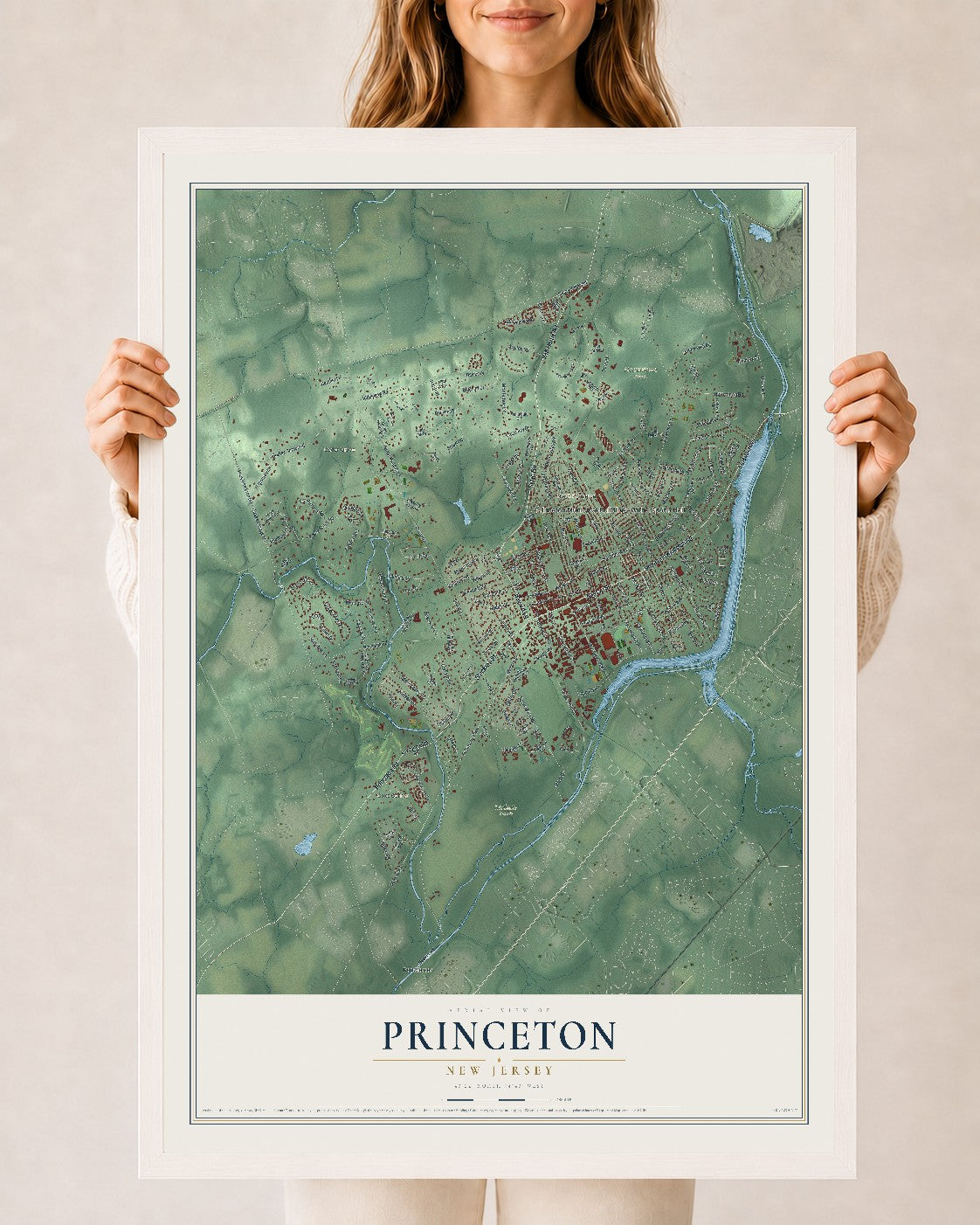 Princeton, New Jersey map print, 24" x 36" W/ White Ayous Wood Frame mockup