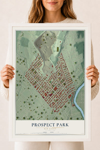 Prospect Park, New Jersey map print, 18" x 24" W/ White Ayous Wood Frame mockup