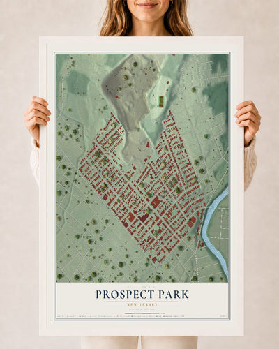Prospect Park, New Jersey map print, 24" x 36" W/ White Ayous Wood Frame mockup