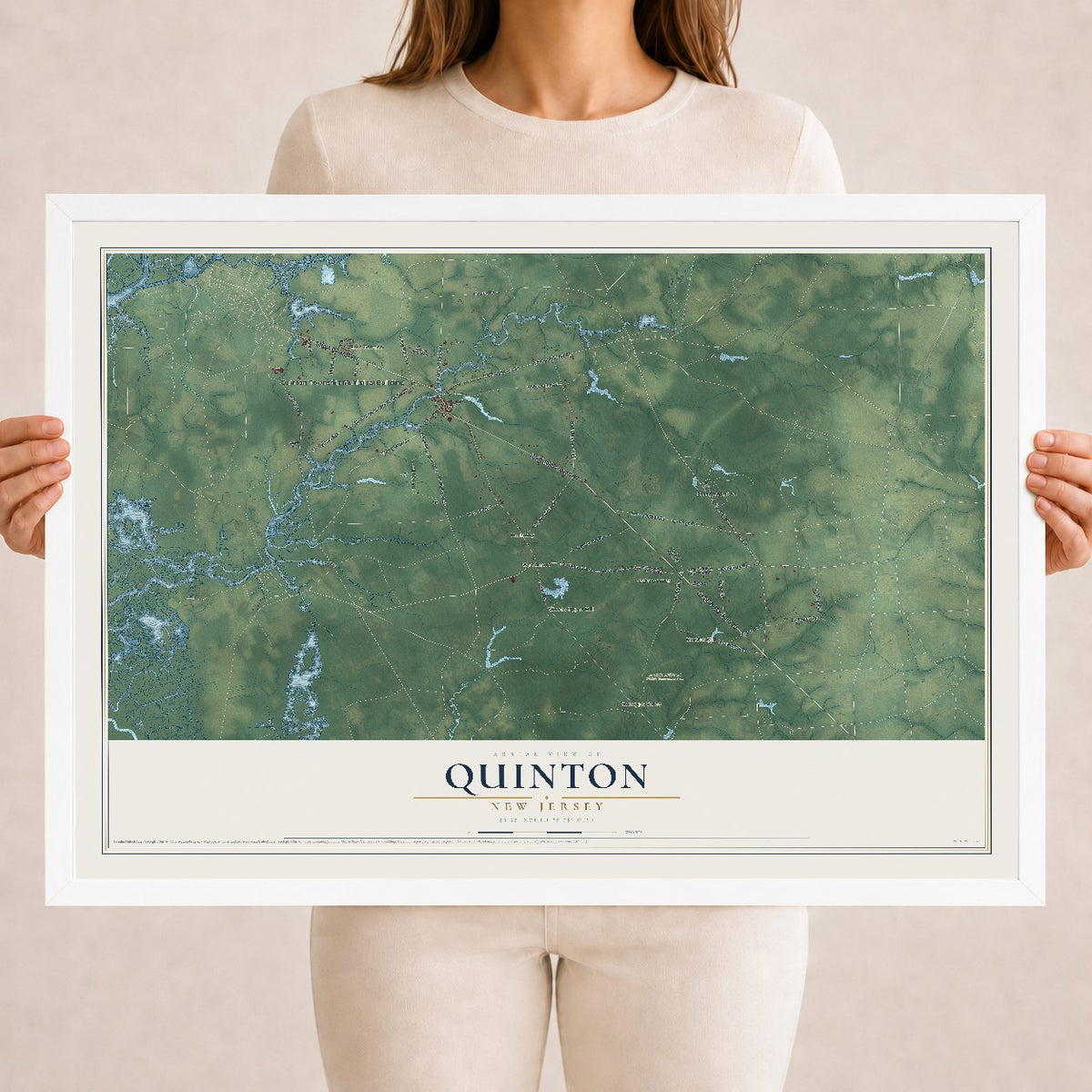 Quinton, New Jersey map print, 18" x 24" W/ White Ayous Wood Frame mockup