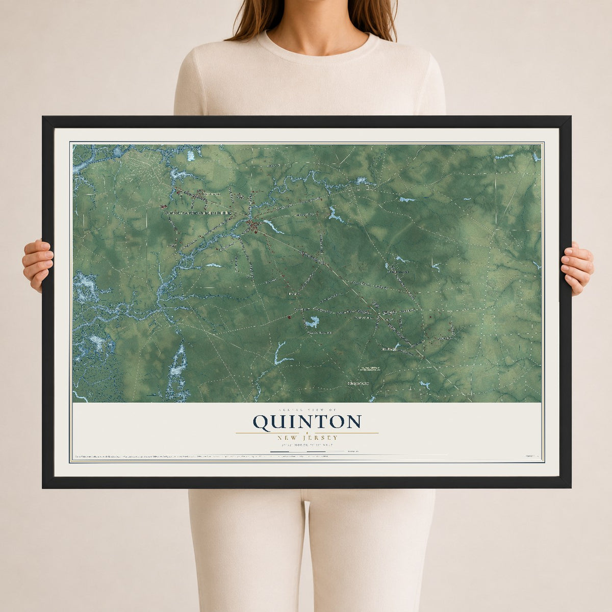 Quinton, New Jersey map print, 24" x 36" W/ Black Ayous Wood Frame mockup