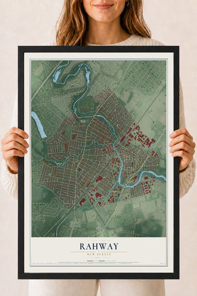 Rahway, New Jersey map print, 18" x 24" W/ Black Ayous Wood Frame mockup