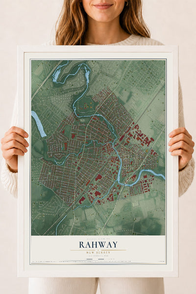 Rahway, New Jersey map print, 18" x 24" W/ White Ayous Wood Frame mockup