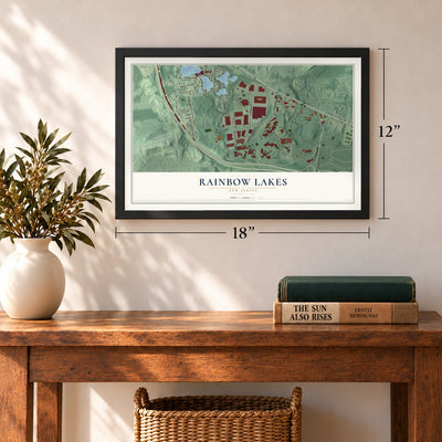 Rainbow Lakes, New Jersey map, 12 x 18 inch print in a black frame in an entryway
