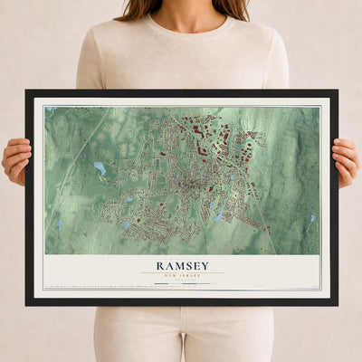 Ramsey, New Jersey map print, 12" x 18" W/ Black Ayous Wood Frame mockup