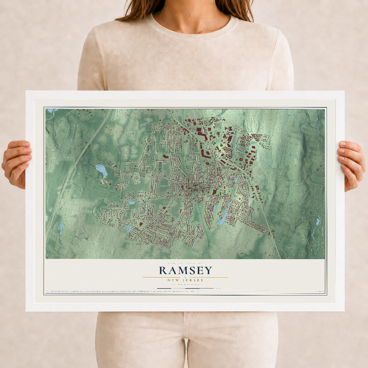 Ramsey, New Jersey map print, 12" x 18" W/ White Ayous Wood Frame mockup