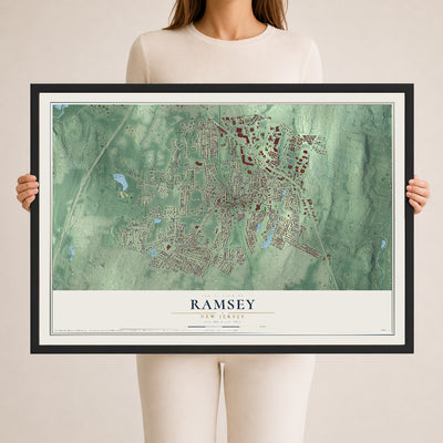Ramsey, New Jersey map print, 24" x 36" W/ Black Ayous Wood Frame mockup