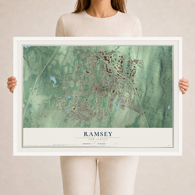 Ramsey, New Jersey map print, 24" x 36" W/ White Ayous Wood Frame mockup