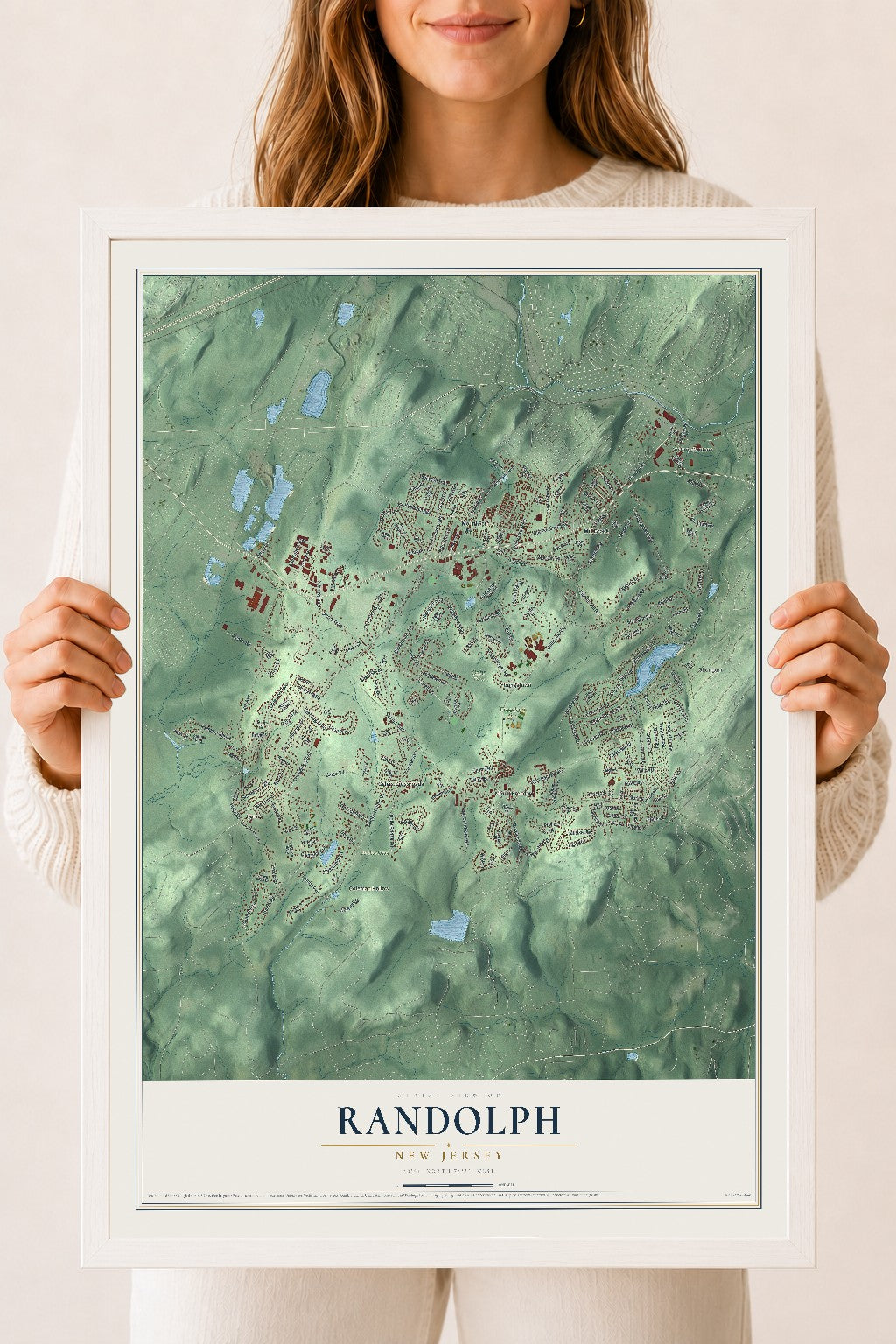Randolph, New Jersey map print, 18" x 24" W/ White Ayous Wood Frame mockup