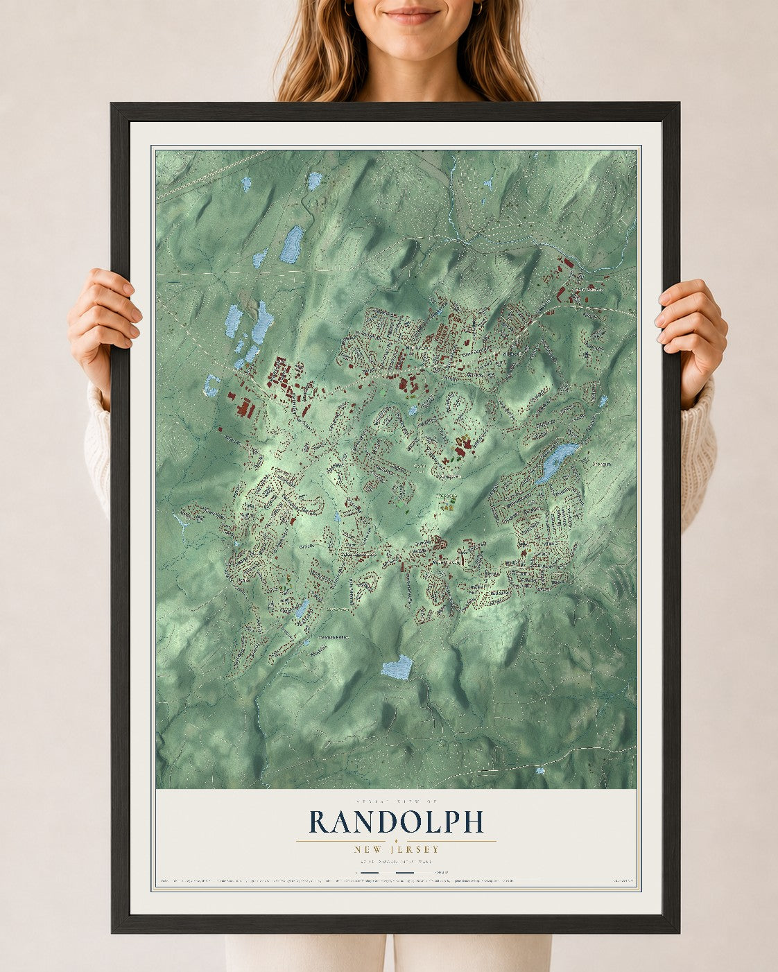Randolph, New Jersey map print, 24" x 36" W/ Black Ayous Wood Frame mockup