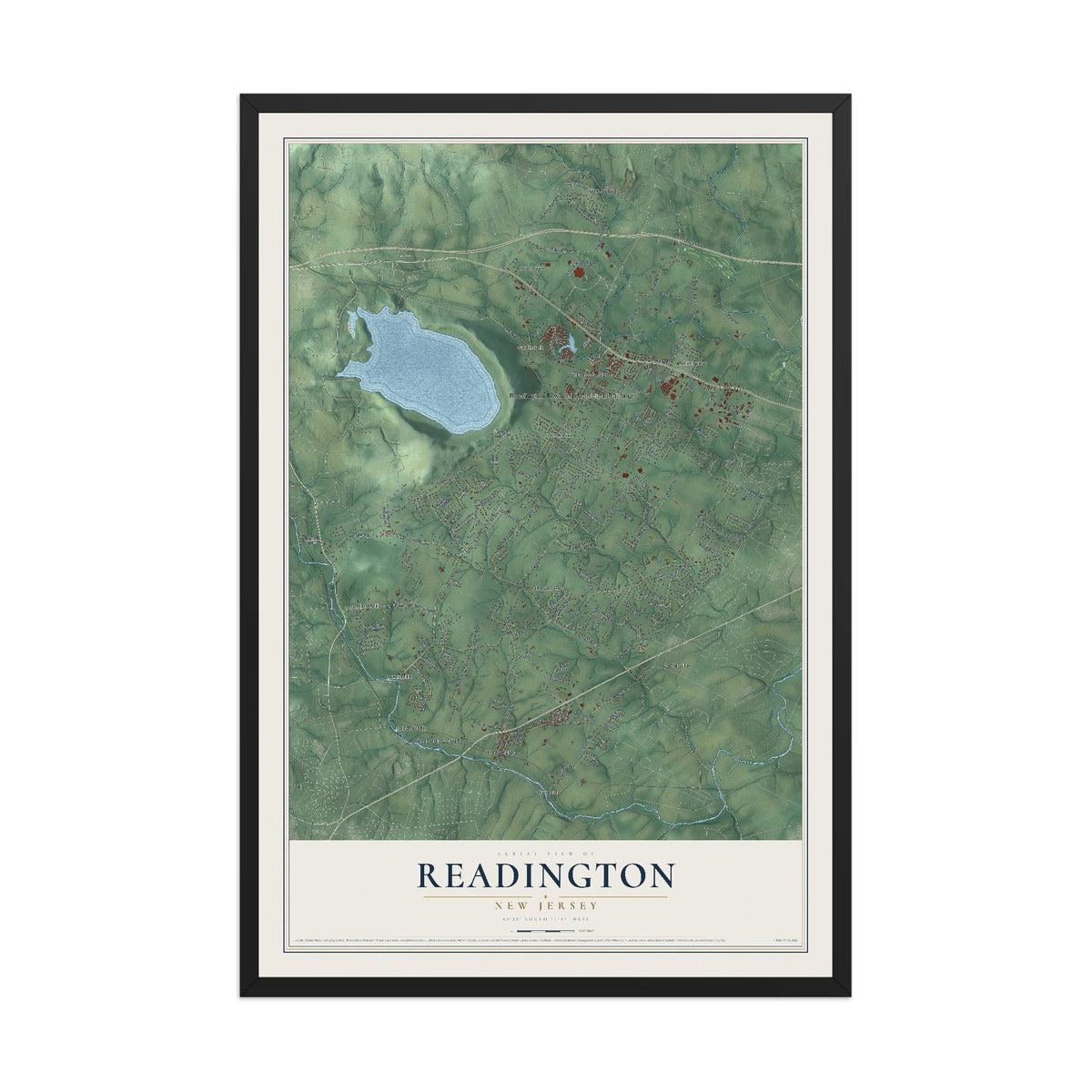 Readington, New Jersey map print, 12" x 18" W/ Black Ayous Wood Frame mockup